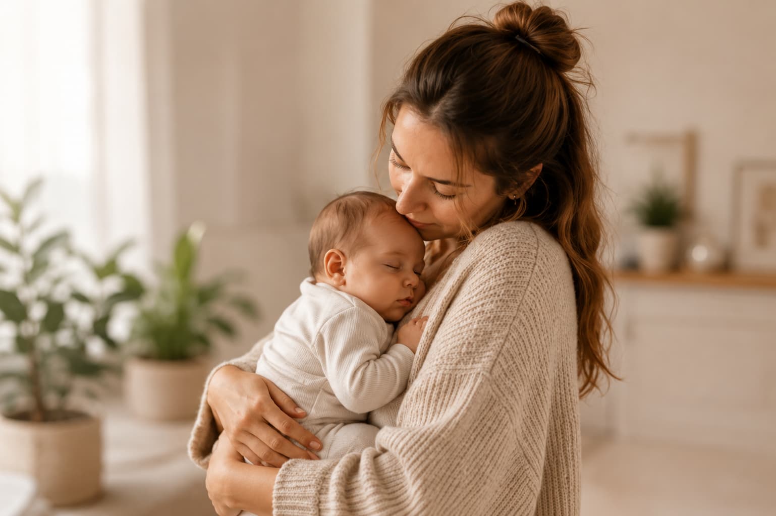 Moeder die haar baby liefdevol vasthoudt tijdens het herstel na de bevalling.